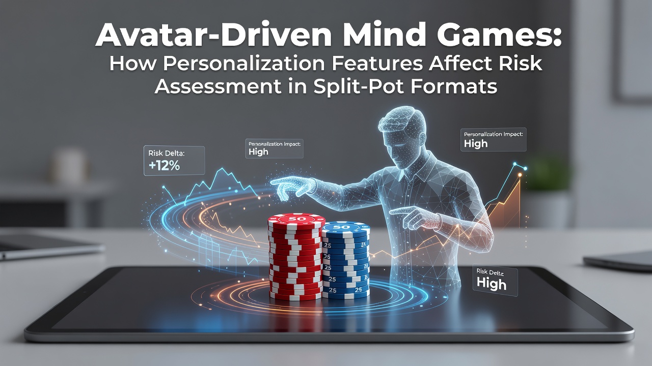 Digital interface showing customized avatars in a split-pot poker lobby with risk metric overlays