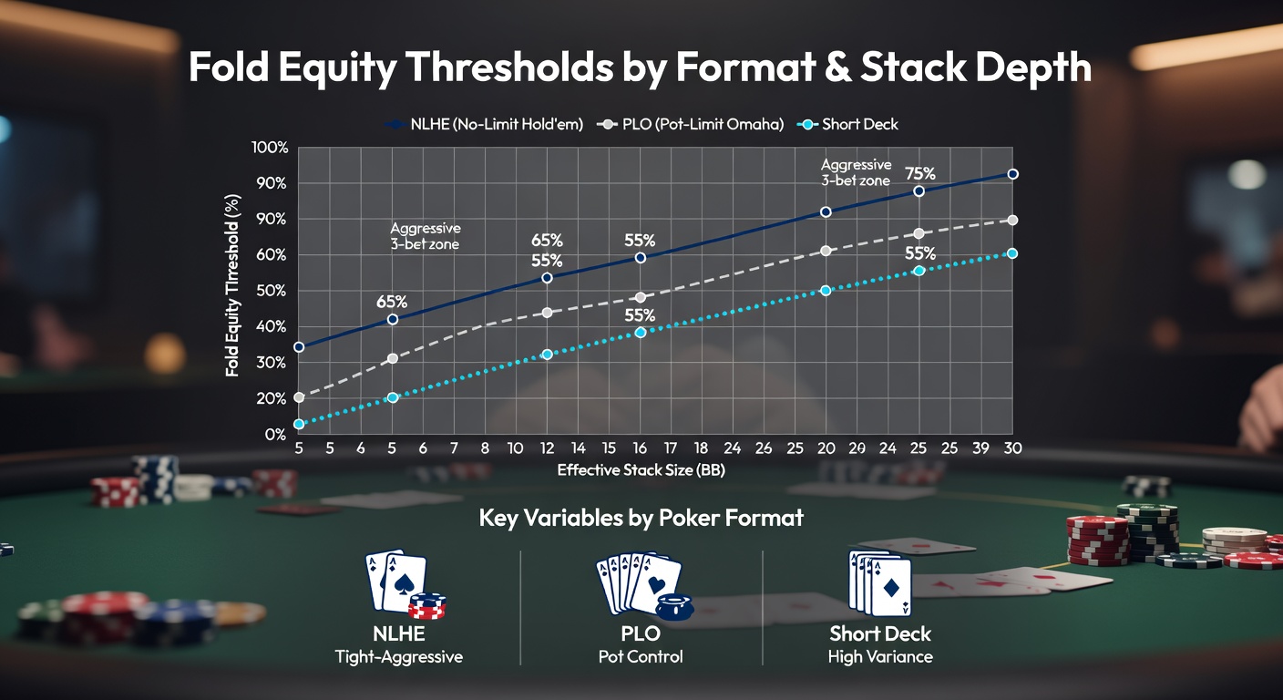 Detailed fold equity chart displayed on a tablet beside poker chips and tournament cards during short-stack analysis