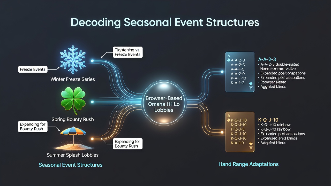 Browser-based Omaha Hi-Lo lobby interface showing seasonal event listings and player hand range indicators during July 2026 tournaments