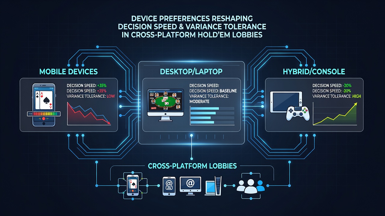 Cross-platform hold'em players on mobile and desktop devices showing interface differences in decision timing