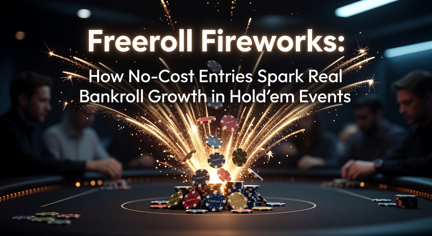 A vibrant poker table scene with players raising fists in celebration after a freeroll victory, chips stacked high amid exploding fireworks graphics symbolizing explosive wins