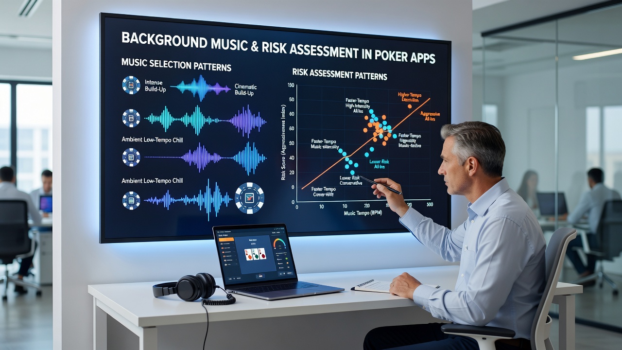 Data visualization charts displaying correlations between music tempo selections and betting aggression metrics in poker apps