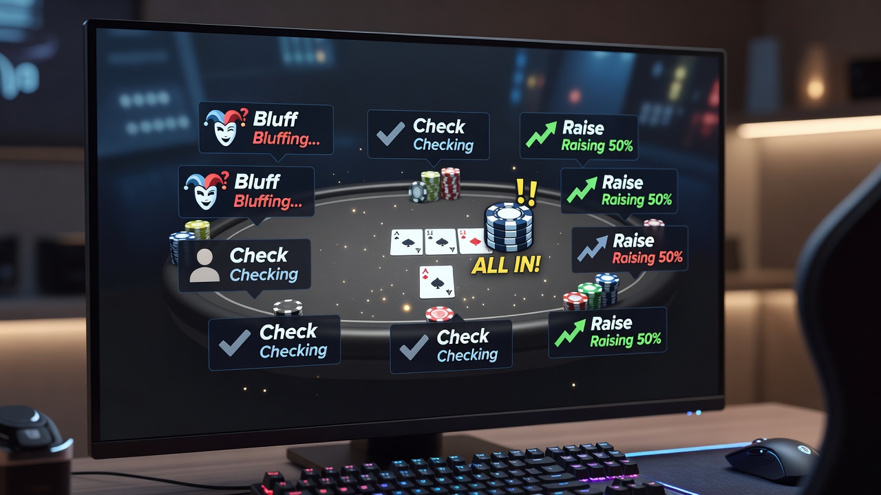 Players interacting via chat emotes at virtual poker tables showing animated gestures and icons during active hands
