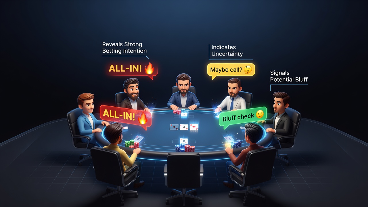 Close-up view of poker interface displaying various chat emotes next to betting controls and player avatars