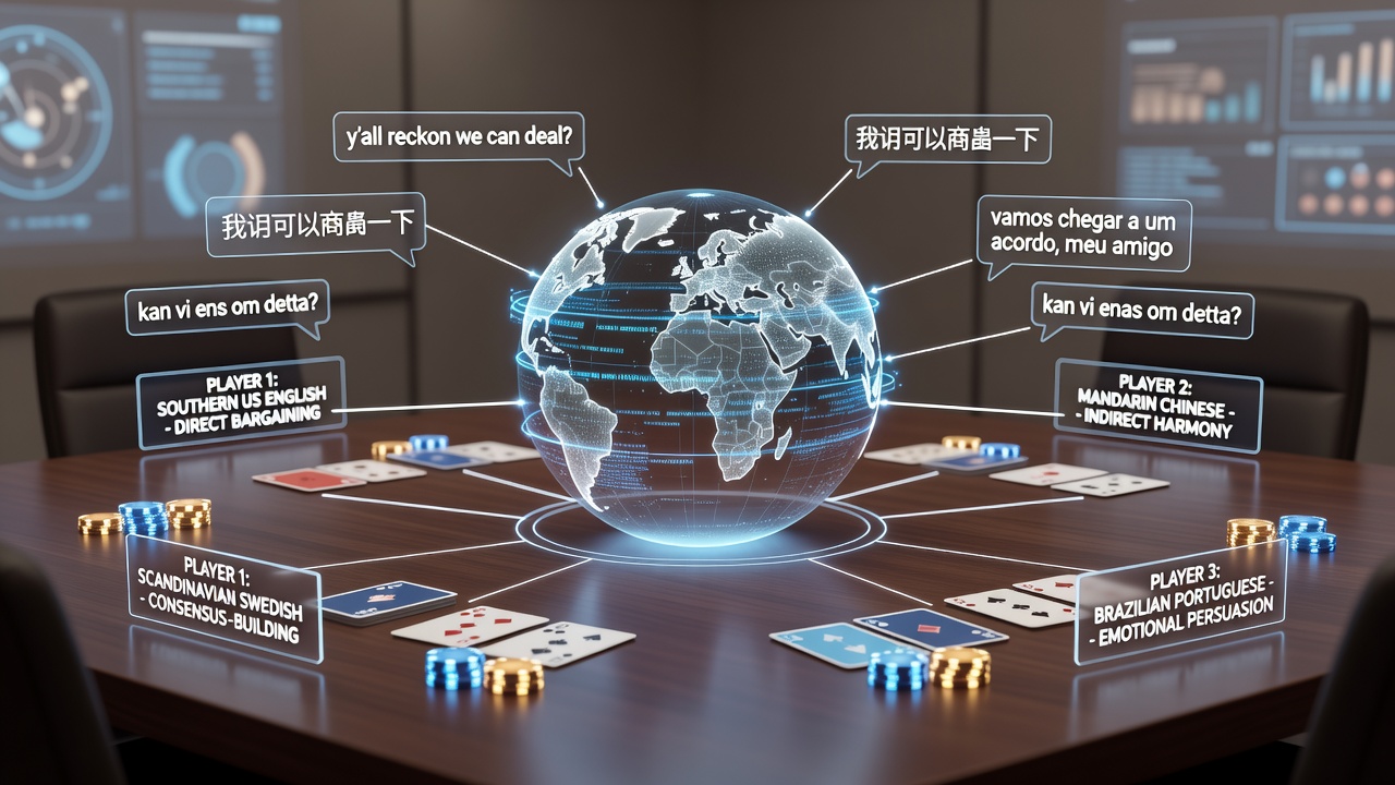 Diverse players engaged in a multilingual virtual card table session with chat overlays showing dialect variations