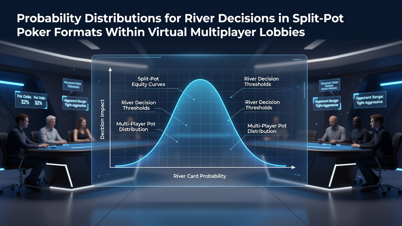 Visual representation of probability curves overlaid on a virtual poker table interface showing river card distributions in split-pot scenarios