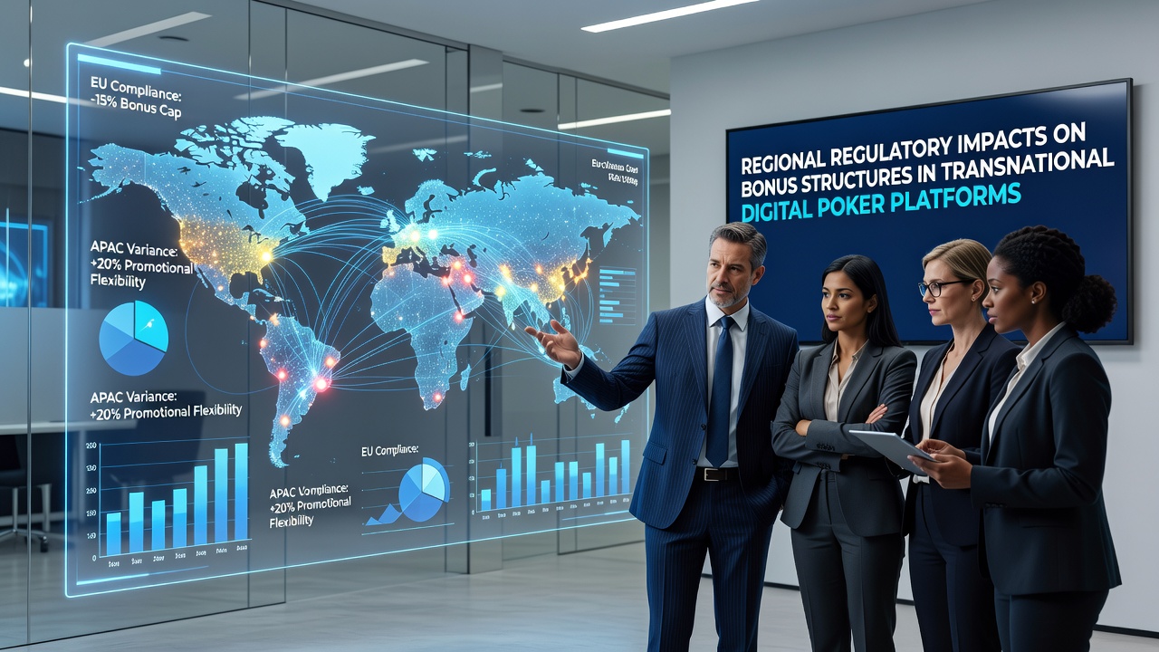 Regulatory documents and digital poker interface showing bonus adjustments across regions