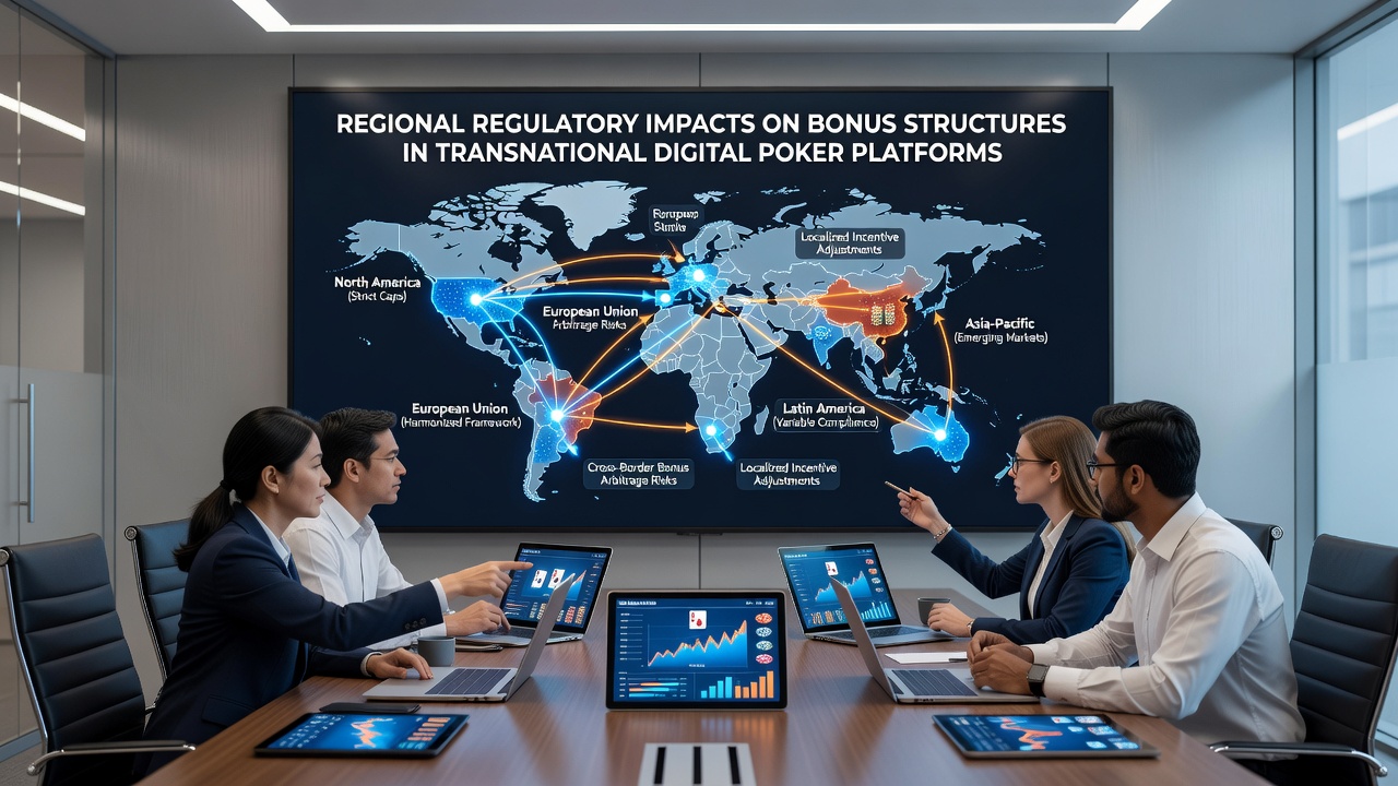 Global map highlighting poker platform regulatory zones and bonus policy variations