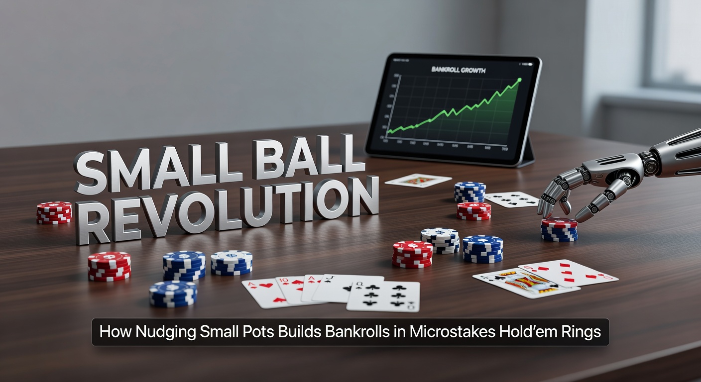 Poker table scene capturing the essence of small ball strategy in action, with chips stacked modestly amid intense microstakes play