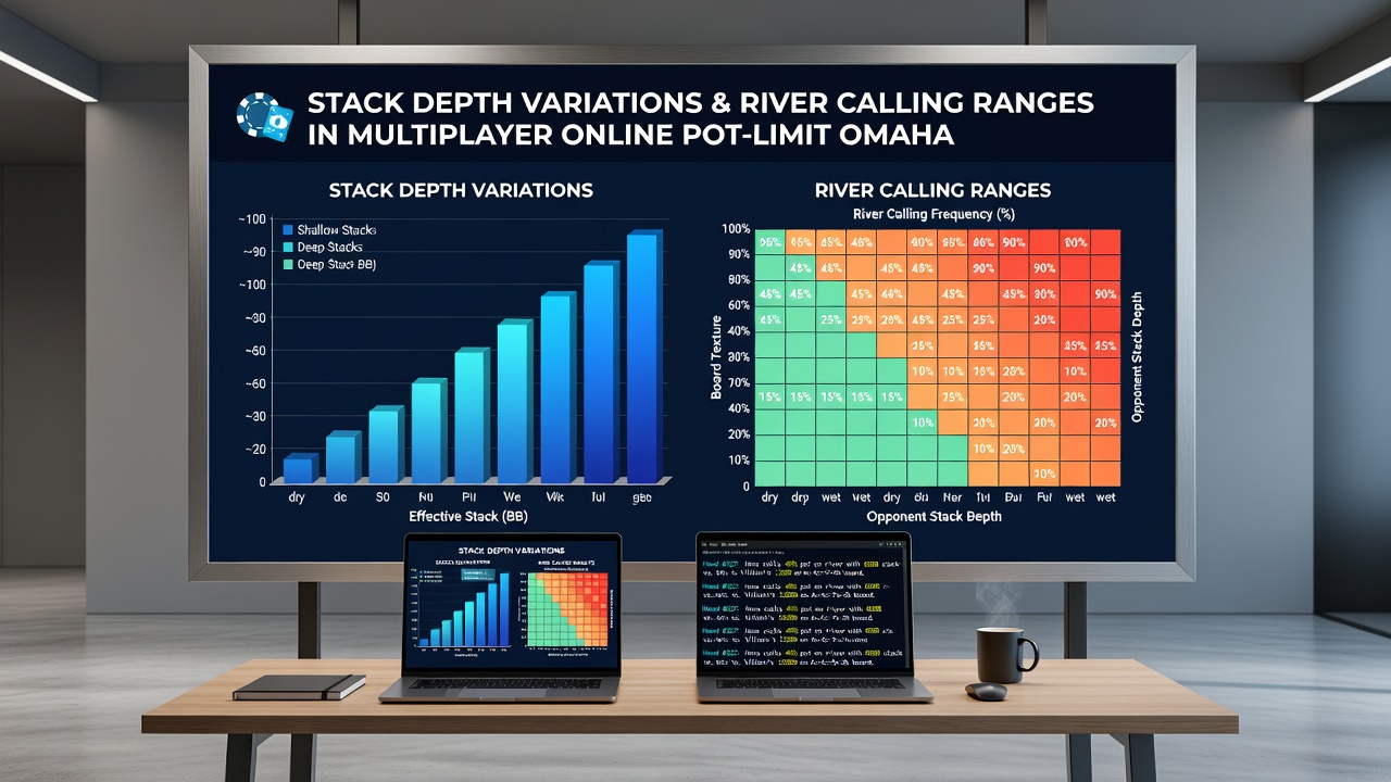 Chart displaying river calling range adjustments based on varying stack depths in PLO