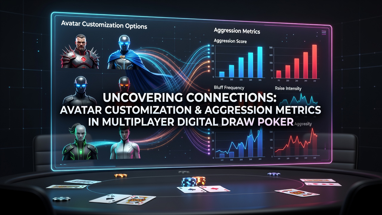 Digital draw poker interface showing avatar customization options next to player aggression statistics