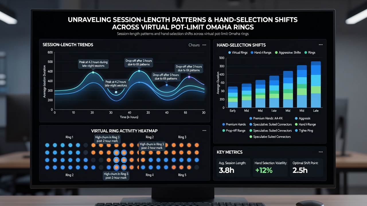 Data visualization charts displaying hand selection frequencies and session length distributions in virtual PLO